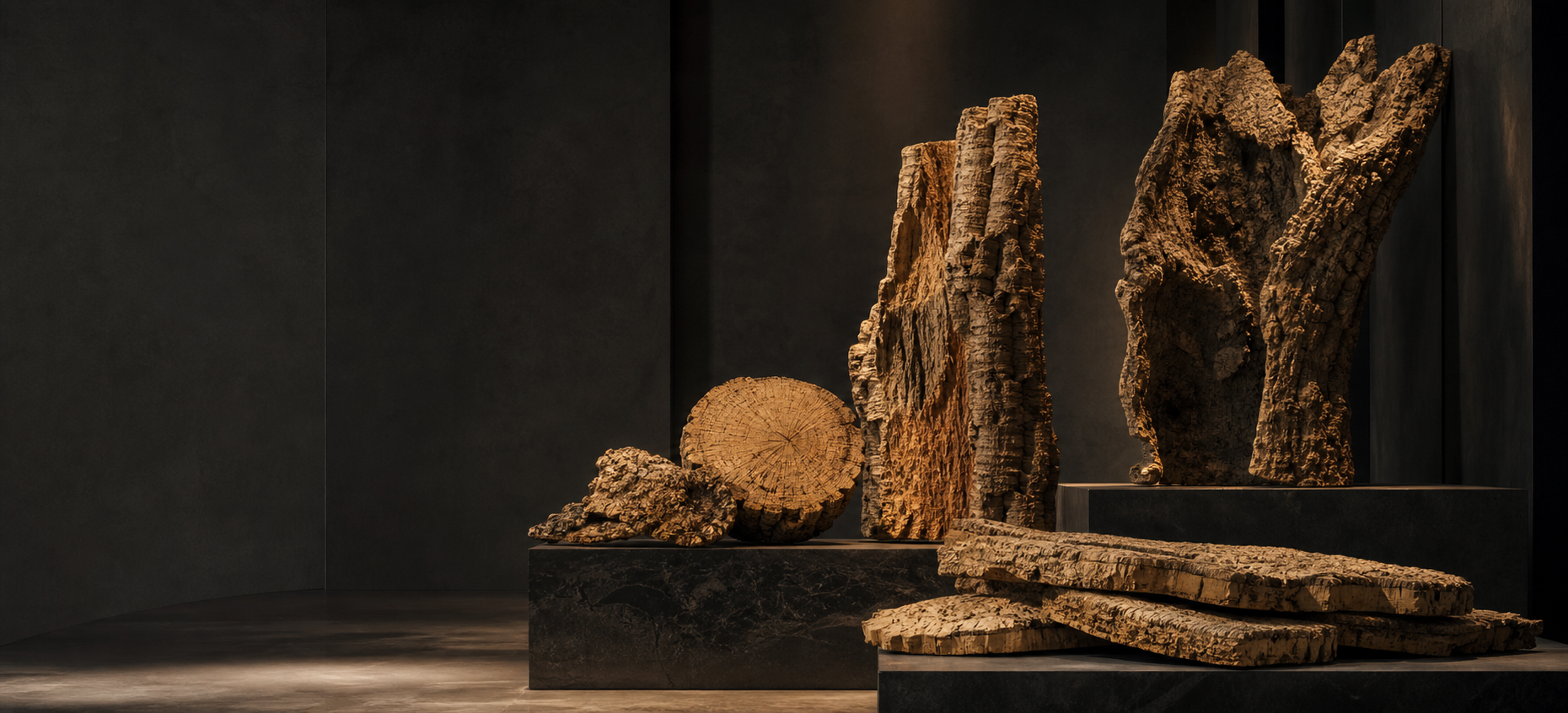 Pieces of natural cork bark lit on plinths